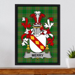 Irish Merry or O'Merry Coat of Arms Family Crest Ireland Framed Canvas Print Irish National Tartan