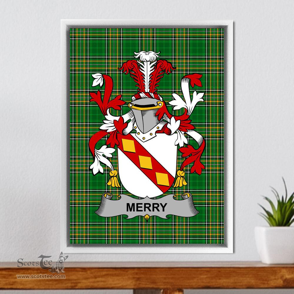 Irish Merry or O'Merry Coat of Arms Family Crest Ireland Framed Canvas Print Irish National Tartan