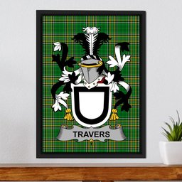 Irish Travers Coat of Arms Family Crest Ireland Framed Canvas Print Irish National Tartan