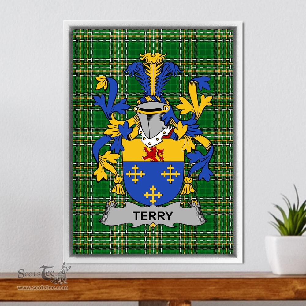 Irish Terry Coat of Arms Family Crest Ireland Framed Canvas Print Irish National Tartan