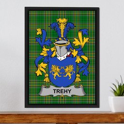 Irish Trehy or O'Trehy Coat of Arms Family Crest Ireland Framed Canvas Print Irish National Tartan