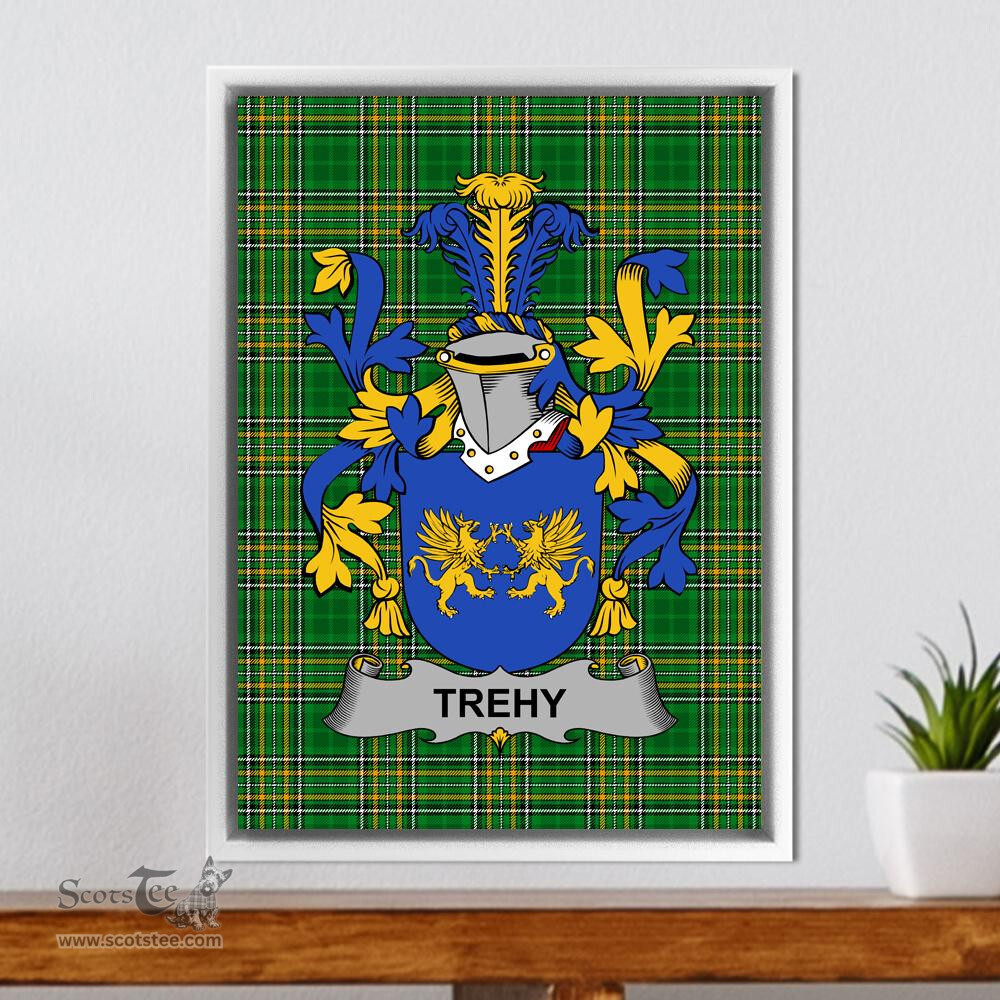 Irish Trehy or O'Trehy Coat of Arms Family Crest Ireland Framed Canvas Print Irish National Tartan