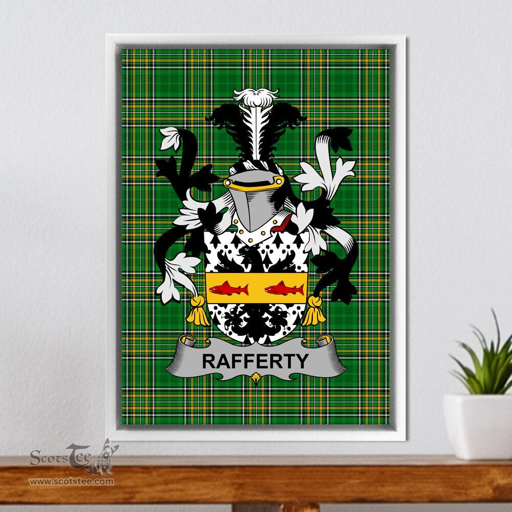 Irish Rafferty or O'Rafferty Coat of Arms Family Crest Ireland Framed Canvas Print Irish National Tartan