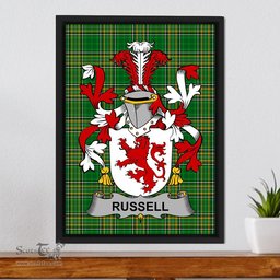 Irish Russell Coat of Arms Family Crest Ireland Framed Canvas Print Irish National Tartan