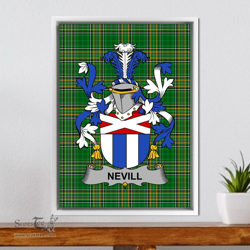 Irish Nevill or Neville Coat of Arms Family Crest Ireland Framed Canvas Print Irish National Tartan