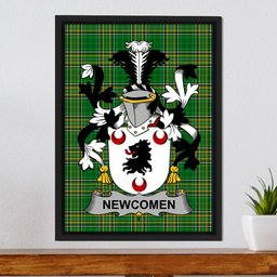 Irish Newcomen or Newcombe Coat of Arms Family Crest Ireland Framed Canvas Print Irish National Tartan