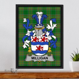 Irish Milligan Coat of Arms Family Crest Ireland Framed Canvas Print Irish National Tartan