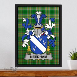 Irish Needham or O'Nee Coat of Arms Family Crest Ireland Framed Canvas Print Irish National Tartan