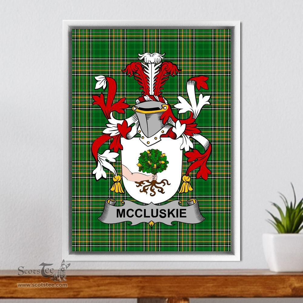 Irish McCluskie or McCloskie Coat of Arms Family Crest Ireland Framed Canvas Print Irish National Tartan