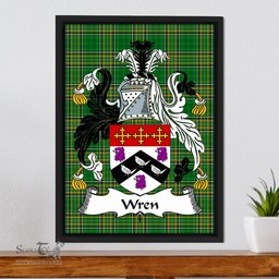Irish Wren or Wrenn Coat of Arms Family Crest Ireland Framed Canvas Print Irish National Tartan