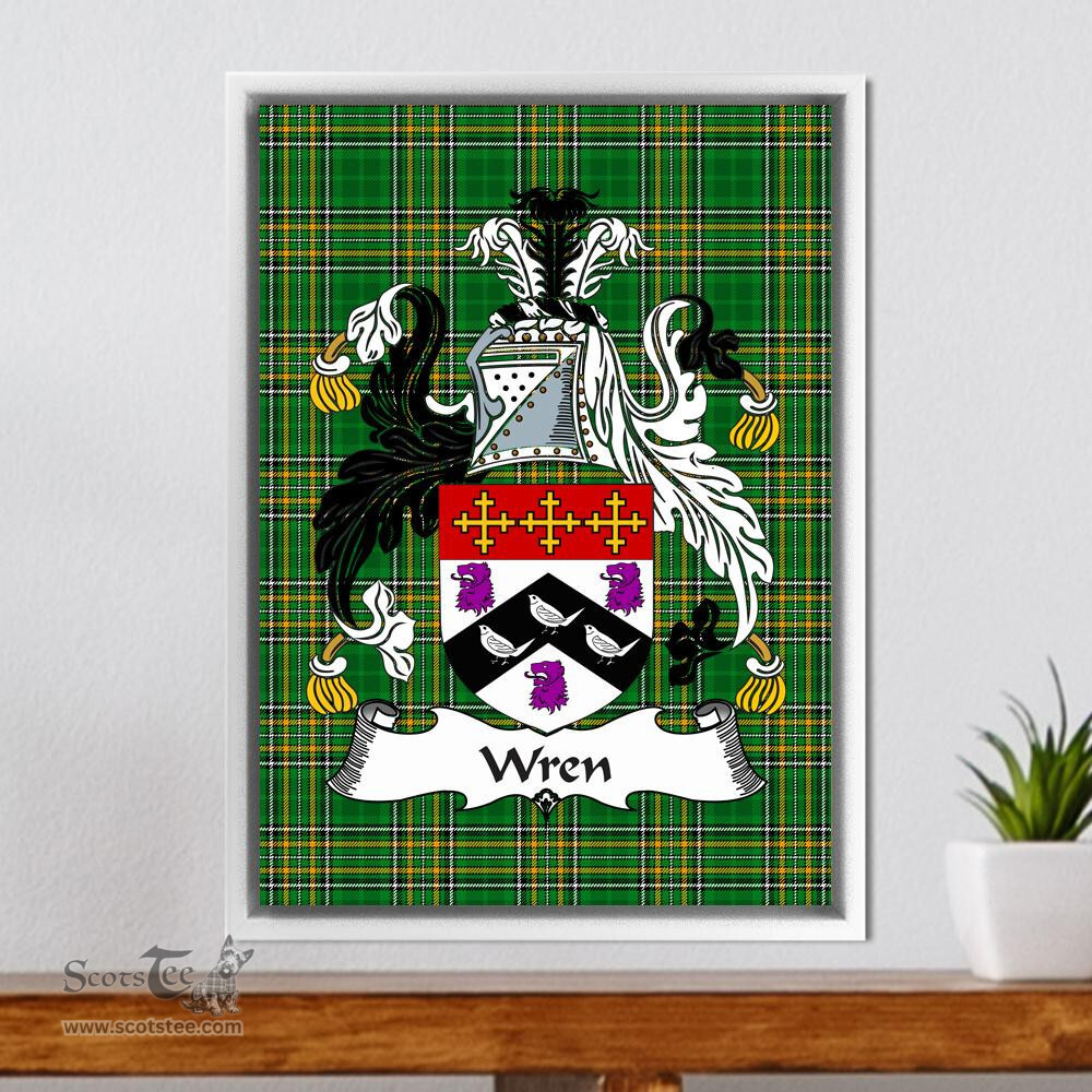Irish Wren or Wrenn Coat of Arms Family Crest Ireland Framed Canvas Print Irish National Tartan