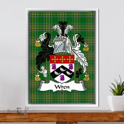 Irish Wren or Wrenn Coat of Arms Family Crest Ireland Framed Canvas Print Irish National Tartan