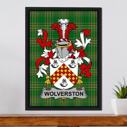 Irish Wolverston Coat of Arms Family Crest Ireland Framed Canvas Print Irish National Tartan