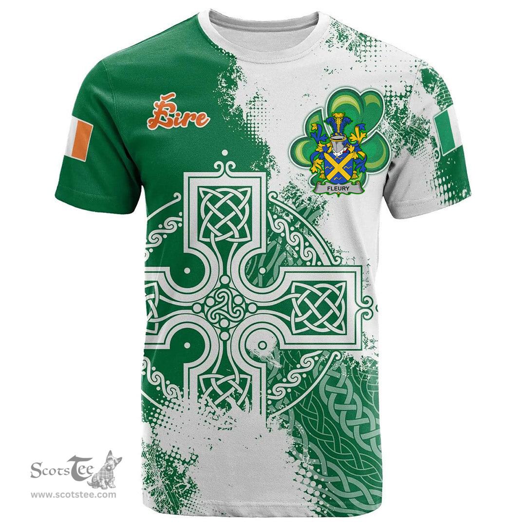 Irish Fleury Coat of Arms Irish Family Crest T Shirt Irish Celtic Cross T Shirt