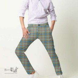 Scottish Balfour Blue Tartan Mens Half Elastic Twill Pants Tartan Plaid Casual Trousers