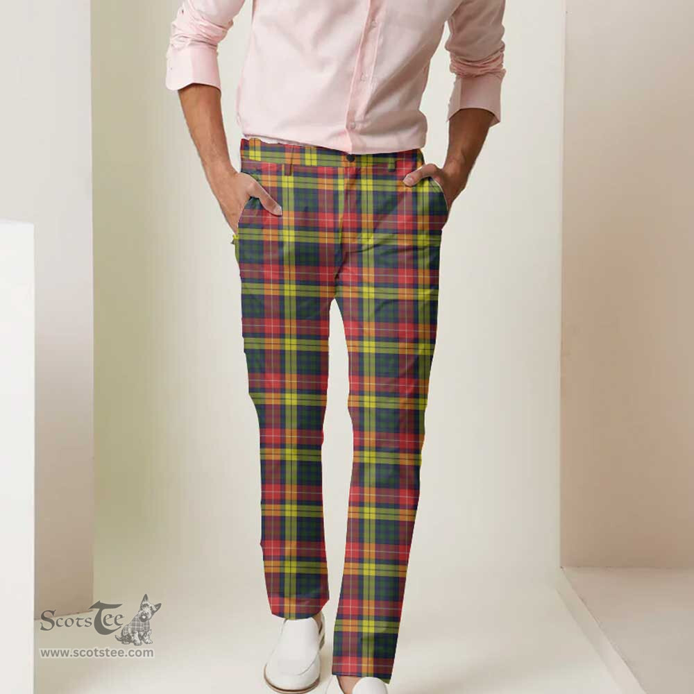 Scottish Buchanan Modern Tartan Mens Half Elastic Twill Pants Tartan Plaid Casual Trousers