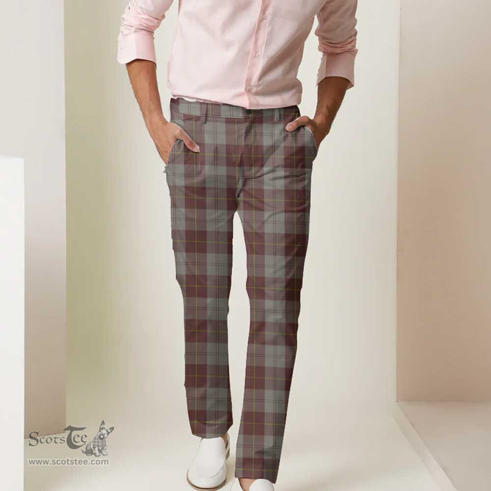Scottish Cunningham Burgundy Dancers Tartan Mens Half Elastic Twill Pants Tartan Plaid Casual Trousers