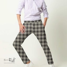 Scottish Menzies Black & White Ancient Tartan Mens Half Elastic Twill Pants Tartan Plaid Casual Trousers