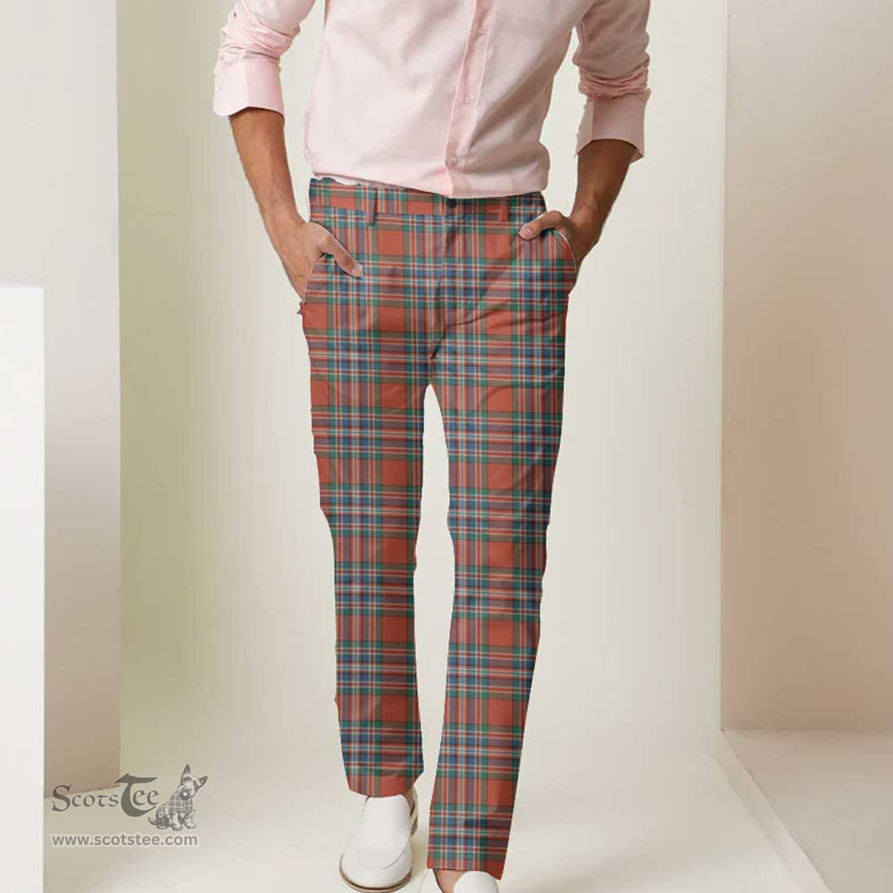 Scottish MacFarlane Ancient Tartan Mens Half Elastic Twill Pants Tartan Plaid Casual Trousers