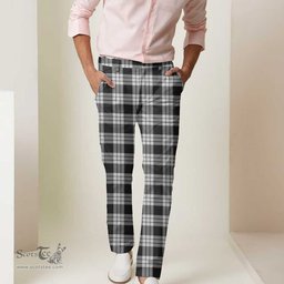Scottish MacFarlane Black & White Tartan Mens Half Elastic Twill Pants Tartan Plaid Casual Trousers