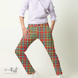 Scottish Ogilvie Hunting Ancient Tartan Mens Half Elastic Twill Pants Tartan Plaid Casual Trousers