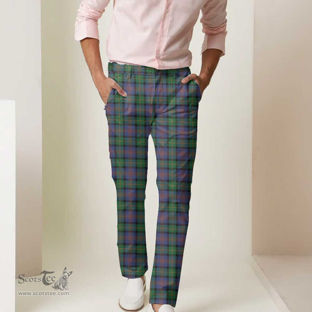 Scottish Logan Ancient Tartan Mens Half Elastic Twill Pants Tartan Plaid Casual Trousers