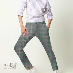 Scottish MacFarlane Hunting Ancient Tartan Mens Half Elastic Twill Pants Tartan Plaid Casual Trousers
