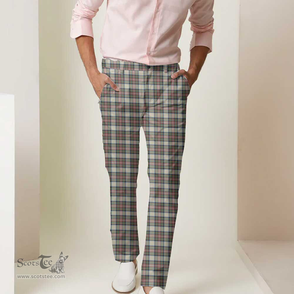 Scottish Stewart Dress Ancient Tartan Mens Half Elastic Twill Pants Tartan Plaid Casual Trousers