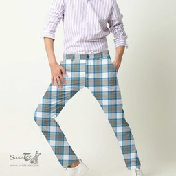 Scottish Stewart Muted Blue Tartan Mens Half Elastic Twill Pants Tartan Plaid Casual Trousers