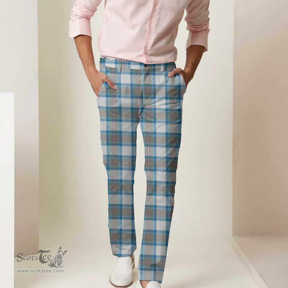 Scottish Stewart Muted Blue Tartan Mens Half Elastic Twill Pants Tartan Plaid Casual Trousers
