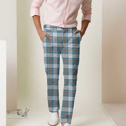 Scottish Stewart Muted Blue Tartan Mens Half Elastic Twill Pants Tartan Plaid Casual Trousers