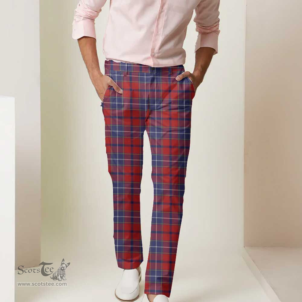Scottish Wishart Dress Tartan Mens Half Elastic Twill Pants Tartan Plaid Casual Trousers