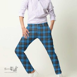 Scottish Ramsay Blue Ancient Tartan Mens Half Elastic Twill Pants Tartan Plaid Casual Trousers