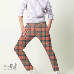 Scottish Stewart Royal Ancient Tartan Mens Half Elastic Twill Pants Tartan Plaid Casual Trousers
