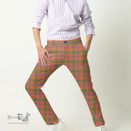 Scottish Ross Ancient Tartan Mens Half Elastic Twill Pants Tartan Plaid Casual Trousers