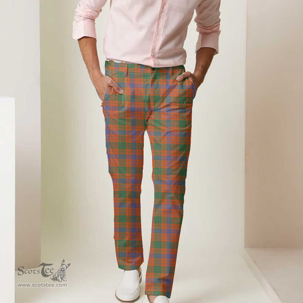 Scottish Ross Ancient Tartan Mens Half Elastic Twill Pants Tartan Plaid Casual Trousers