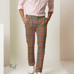 Scottish Ross Ancient Tartan Mens Half Elastic Twill Pants Tartan Plaid Casual Trousers