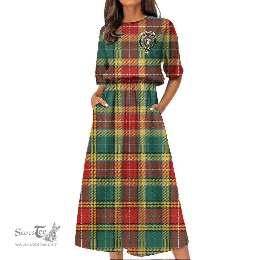 Scottish Buchanan Old Sett Tartan Crest Womens Elastic Waist Dress Tartan Plaid Dress