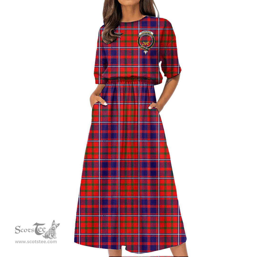 Scottish Cameron of Lochiel Modern Tartan Crest Womens Elastic Waist Dress Tartan Plaid Dress