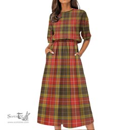 Scottish Buchanan Old Set Weathered Tartan Womens Elastic Waist Dress Tartan Plaid Dress