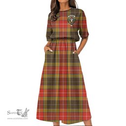 Scottish Buchanan Old Set Weathered Tartan Crest Womens Elastic Waist Dress Tartan Plaid Dress