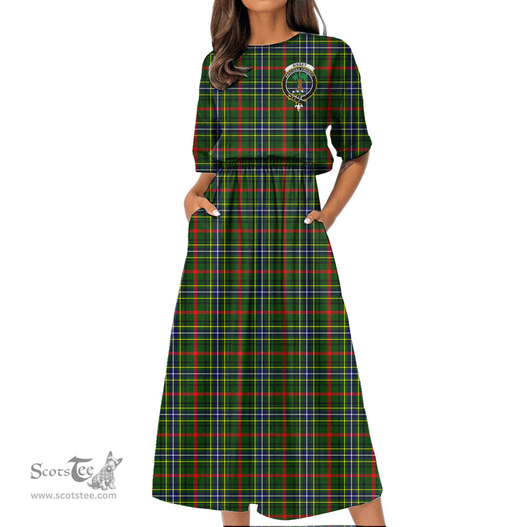 Scottish Bisset Tartan Crest Womens Elastic Waist Dress Tartan Plaid Dress