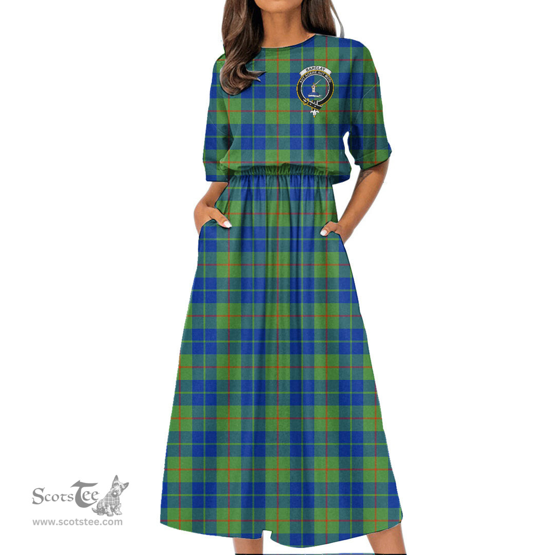 Scottish Barclay Hunting Ancient Tartan Crest Womens Elastic Waist Dress Tartan Plaid Dress