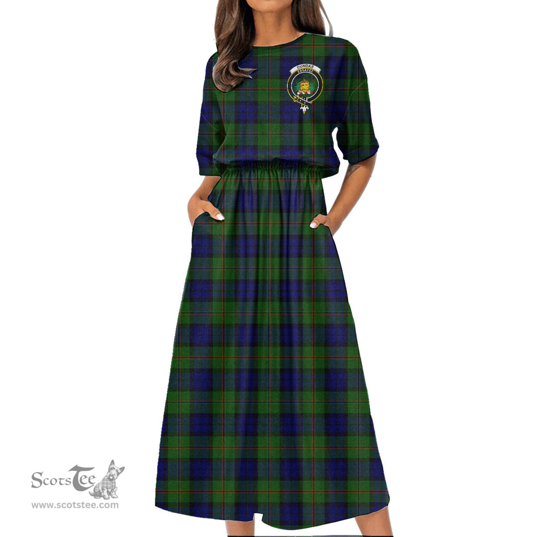 Scottish Dundas Modern Tartan Crest Womens Elastic Waist Dress Tartan Plaid Dress