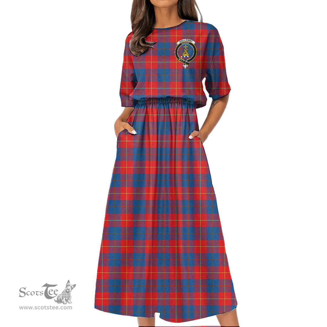 Scottish Galloway Red Tartan Crest Womens Elastic Waist Dress Tartan Plaid Dress