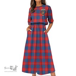 Scottish Galloway Red Tartan Crest Womens Elastic Waist Dress Tartan Plaid Dress