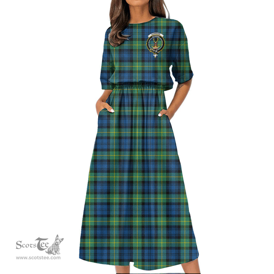 Scottish Gordon Ancient Tartan Crest Womens Elastic Waist Dress Tartan Plaid Dress