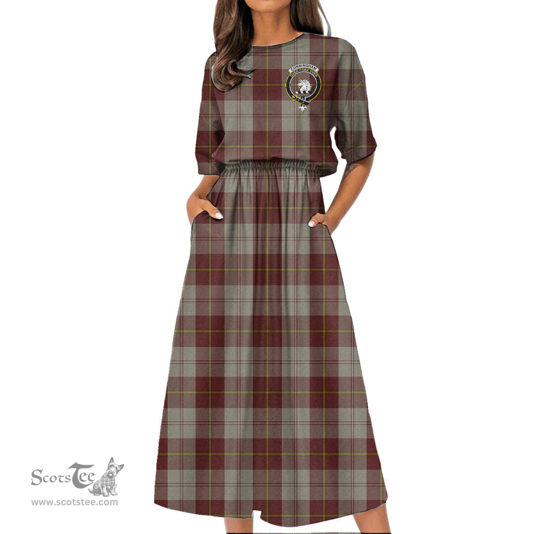 Scottish Cunningham Burgundy Dancers Tartan Crest Womens Elastic Waist Dress Tartan Plaid Dress