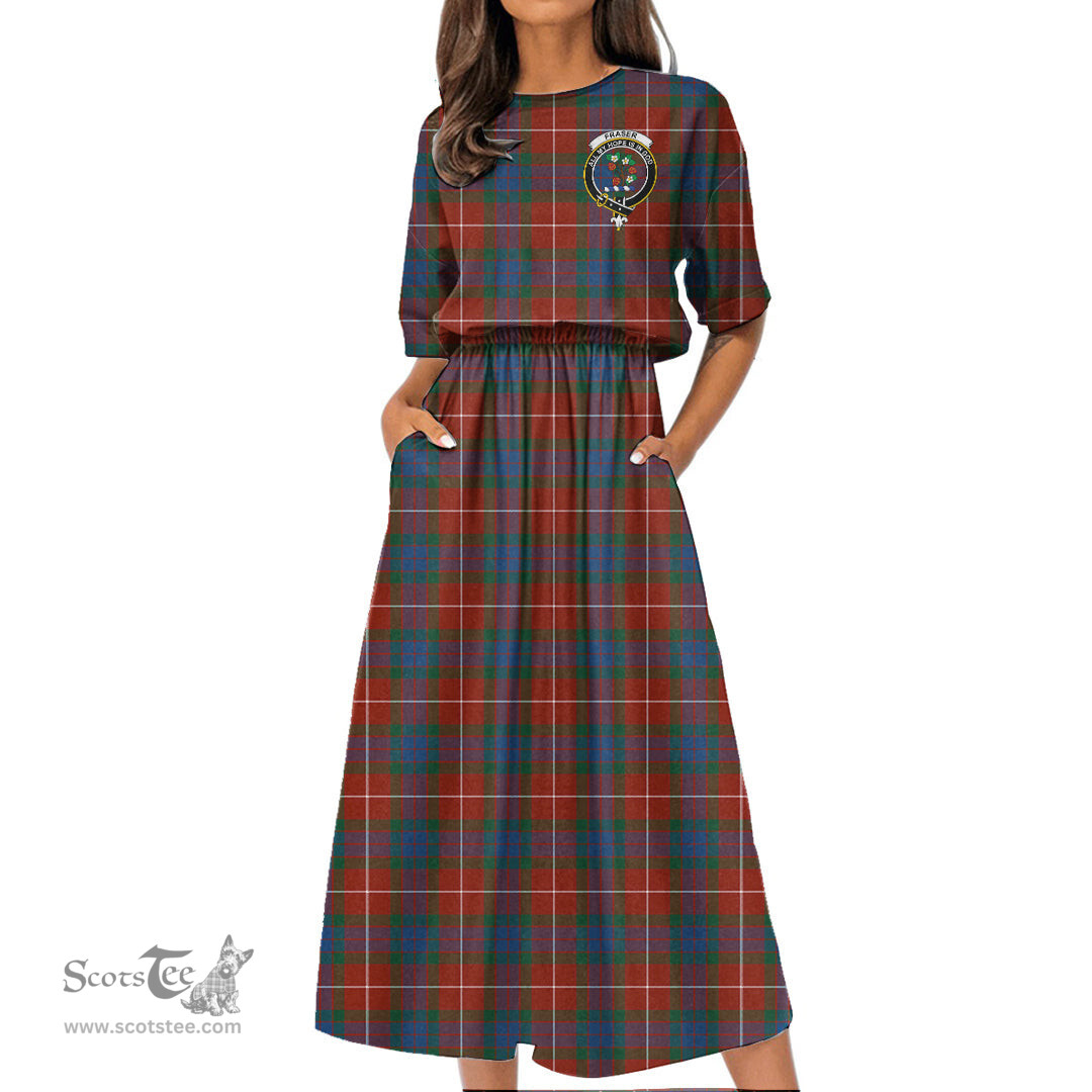 Scottish Fraser Ancient Tartan Crest Womens Elastic Waist Dress Tartan Plaid Dress