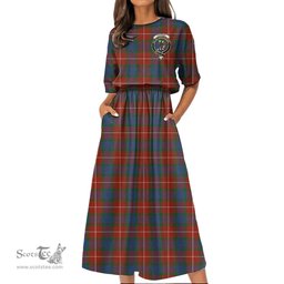 Scottish Fraser Ancient Tartan Crest Womens Elastic Waist Dress Tartan Plaid Dress